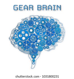 Blue gear brain isolated on white background as technology, industry, cogs representing and thinking mind concept.