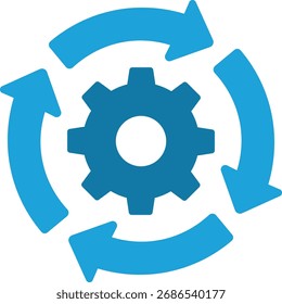 Engranaje azul con icono de flechas circulares que representa el flujo de trabajo y el ciclo de rueda dentada del proceso