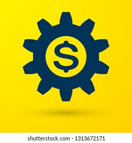 Blue Gear with dollar symbol icon isolated on yellow background. Business and finance conceptual icon. Vector Illustration