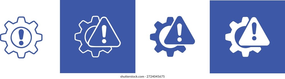 Alerta de roda dentada de aviso de ponto de exclamação e engrenagem azul