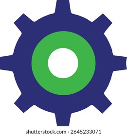 A blue gear with a green circle in the center, featuring a white hole, isolated on a white background.