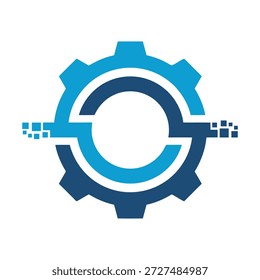 Icono de engranaje azul con diseño circular y cuadrados sobre fondo blanco