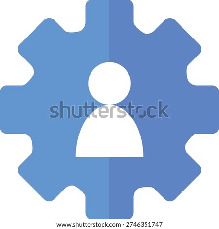 Blue gear icon with user silhouette, representing account settings, profile management, permissions, and customization in clean flat vector style