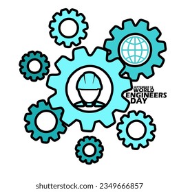 Blue gear icon of various sizes and icon of an engineer, with bold text on a white background for commemoration World Engineers Day on September 15