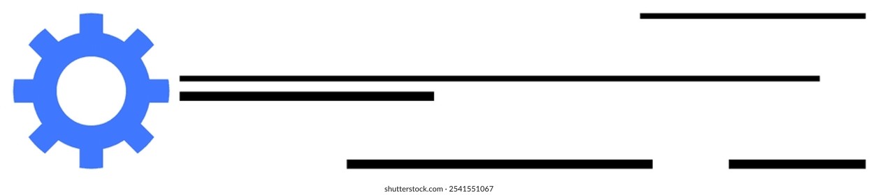 Blue gear on the left with several black horizontal lines of varying lengths, indicating connectivity and flow. Ideal for technology progress engineering systems and automation themes. Minimalist