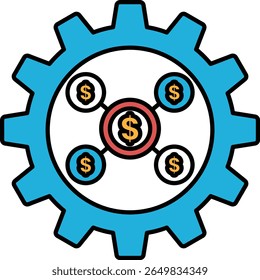A blue gear with a red circle in the middle and four dollar signs surrounding it. The dollar signs are placed in a way that they look like they are connected to each other