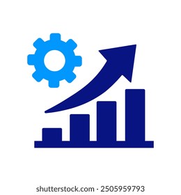 A blue gear and rising dark blue bar graph, representing growth and progress. The arrow curves upwards, symbolizing success. Simple and modern design with bold lines and clean shapes.