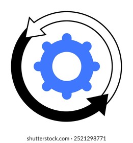 Blue gear surrounded by black and white circular arrows indicating a continuous process. Ideal for technology, engineering, process efficiency, automation, and workflow management. Simple, vector, min