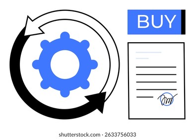 Blue gear surrounded by circular arrows signifying process flow next to a document featuring a signature and the word BUY. Ideal for business processes, automation, contracts, transactions, workflow