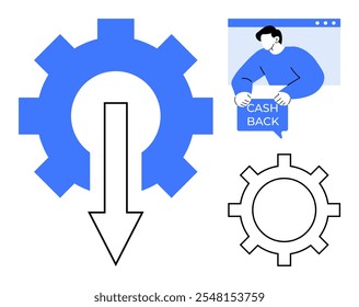 Blue gear symbol with a downward-pointing arrow, a black-and-white gear outline, and a person holding a cash back sign in a browser window. Ideal for business, finance, marketing, technology