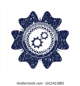 Blue gear, team work icon inside grunge style stamp