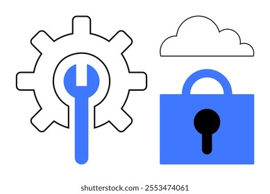 Blue gear with wrench, cloud, and lock symbolize technology and security. Ideal for digital security, technology services, cloud computing, IT support, software development. Simple modern style