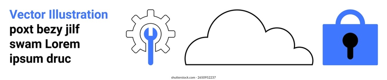 Blue gear with wrench, cloud outline, and a blue padlock represent data security and cloud computing. Ideal for technology, cybersecurity, cloud services, data protection, IT management, internet
