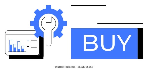 Blue gear and wrench icon adjacent to data chart and large Buy button. Ideal for e-commerce, online stores, business strategy, web development, data analysis, digital marketing, user experience. Line
