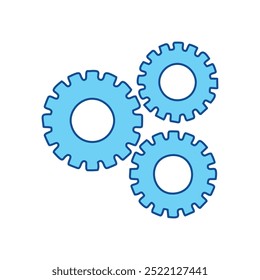 Blue gears icon. Three blue gears interlocking, representing collaboration, teamwork, and synergy.