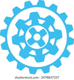 Blue gears interlocking industrial machinery concept. Mechanical engineering symbol gear cogs functioning together. Geometric cogwheel pattern blue isolated white background