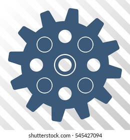 Blue Gearwheel interface pictogram. Vector pictogram style is a flat symbol on diagonal hatch transparent background.
