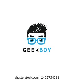 Blue Geek Boy Logo Symbol Template Flat Style Design Vector