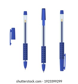 Blue gel pens in transparent plastic case with rubber grip set. Writing school and office tools collection. Flat vector illustration isolated on white background 