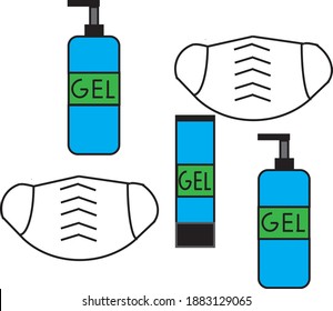 The blue gels and white masks in to protection from covid-19 in isolated white background.