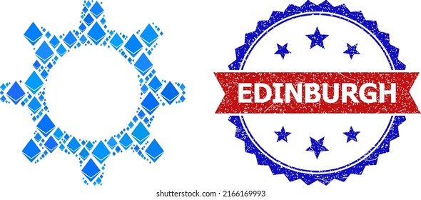 Icono de la rueda cognoscitiva del collage de gemas azules, y sello de Edimburgo arañado bicolor. Los elementos relacionados con Gemstone se unen en el icono de rueda cognoscitiva de collage abstracto. El sello rojo redondo contiene texto en Edimburgo dentro del círculo.