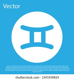 Blue Gemini zodiac sign icon isolated on blue background. Astrological horoscope collection. White circle button. Vector Illustration