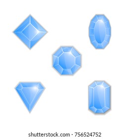 Blue gems isolated on white background. Vector jewels set illustration.Good for games applications or web site.