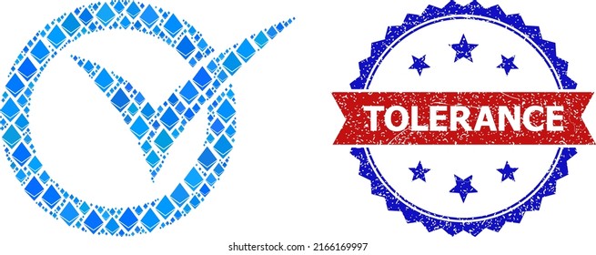 Blue gemstone collage approve icon, and bicolor unclean Tolerance seal stamp. Gemstone related elements are united into abstract collage approve icon.
