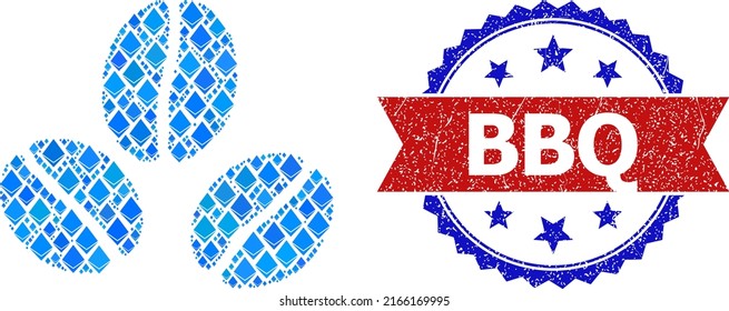 Blue gemstone collage cacao beans icon, and bicolor dirty BBQ seal. Ethereum related parts are united into abstract mosaic cacao beans icon. Red round seal includes BBQ caption inside circle.