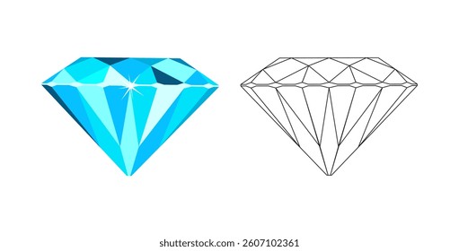Blue gemstone and outline icon. Vector cartoon flat illustration of aquamarine crystals.