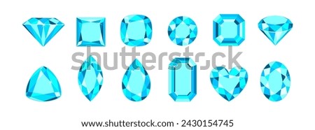 Blue gemstones of different shapes isolated on white background. Aquamarine crystals set. Vector cartoon flat illustration.