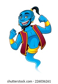 Blue genie being raised and clenched fist happily