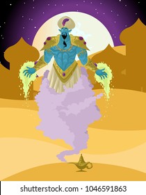 blue genie emerging from lamp