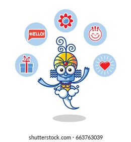 Blue Genie - girl in the smoke juggles with symbols. Vector icon, isolated illustration. Cartoon character.