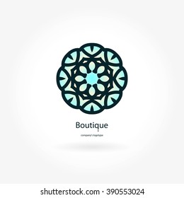 Blue gentle logotype for boutique, flower shop, business, interior. Company mark, emblem, element. Simple geometric mandala logo. Kaleidoscope big bud. Surround abstract blossom.