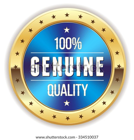 Blue genuine quality button with gold border on white background