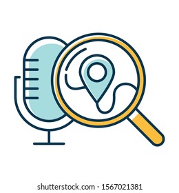 Blue geolocation voice request color icon. Location search idea. Sound control, microphone command, magnifying glass. Smart assistant, innovative technology. Isolated vector illustration
