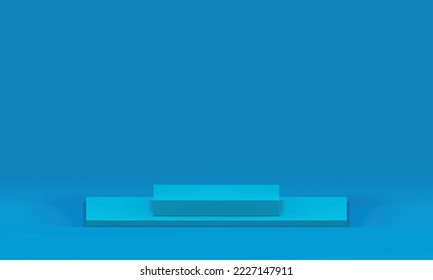 Blue geometric 3d podium basic foundation level steps decorative design realistic vector illustration. Premium pedestal championship win celebration award arena construction minimal studio background