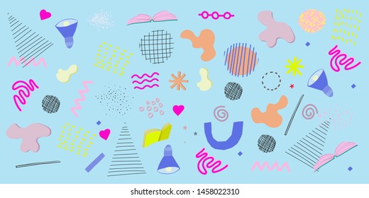 Blue Geometric abstract cutout elements header. Graphic design typography. Hand drawn postcard. Cute simple vector grunge style. Textile print