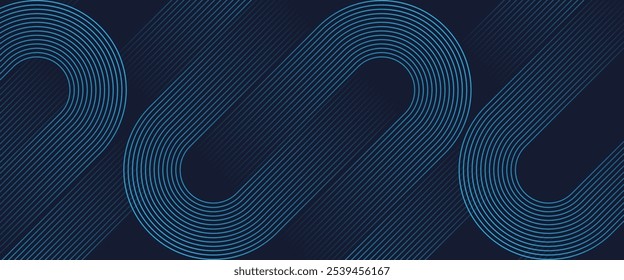 Blue geometric background featuring overlap layer with glowing dynamic lines for futuristic, technology, minimalist and elegant design concept vector illustration.