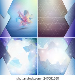 Blue geometric backgrounds set, abstract triangle pattern vector.