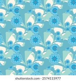 Blue geometric blossom pattern for fabric and seamless pattern.