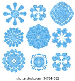 Blue Geometric circular ornament set. Abstract black symbols. Lace mandalas. Vector illustration