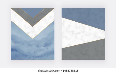 Blue geometric design with triangles shapes and brush stroke watercolor and marble texture. Modern backgrounds for wedding invitation, greeting, banner, flyer, poster, save the date
