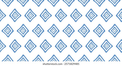 Blue Geometric Diamond Pattern. Seamless repeating pattern featuring hand drawn blue geometric diamond shapes on a white background, ideal for wallpaper, textiles, digital design