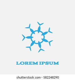 Blue geometric emblem on the gray background. Minimalistic modern artwork.
