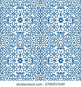 Patrón floral geométrico azul sobre un fondo blanco. Estilo árabe. Vector.