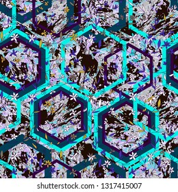 Blue geometric and floral vector seamless pattern. Hand drawn small flowers and rhombuses on marble textured background. Template for trendy textile, wallpaper, print, web, card, carton, banner.