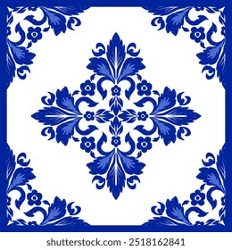 Blue geometric flower pattern on white background - textile design for wallpapers