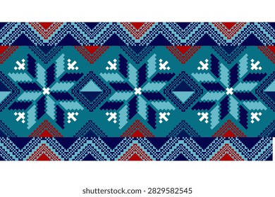Blue Geometric Folk Textile Pattern with Symmetrical Floral Motifs, Mountain Shapes, Diamonds, and Pixel Ornamentation